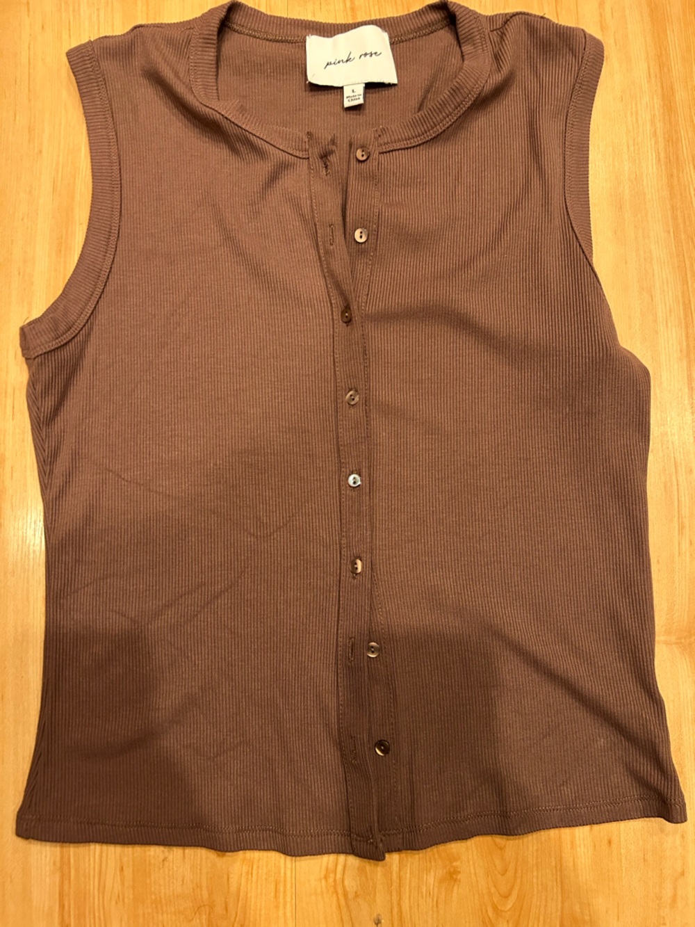 Pink Rose Brown Ribbed Sleeveless Button-Front Tank